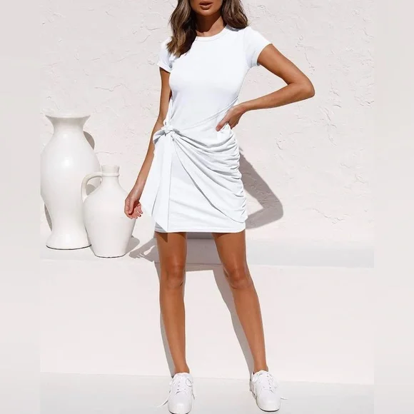 LILLUSORY Womens Casual Short Sleeve T Shirt Dress 2025 Summer Bodycon Wrap Ruched Mini Night Out Sundress